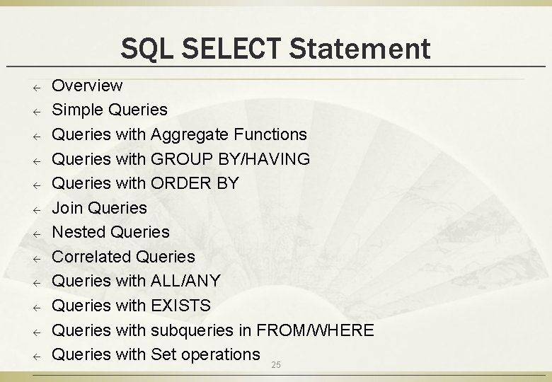 SQL SELECT Statement ß ß ß Overview Simple Queries with Aggregate Functions Queries with