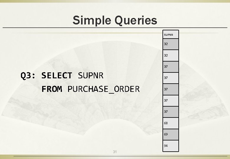 Simple Queries SUPNR 32 32 37 Q 3: SELECT SUPNR FROM PURCHASE_ORDER 37 37