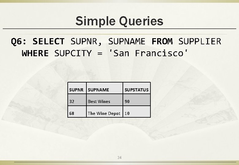 Simple Queries Q 6: SELECT SUPNR, SUPNAME FROM SUPPLIER WHERE SUPCITY = 'San Francisco'