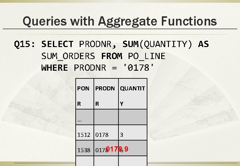 Queries with Aggregate Functions Q 15: SELECT PRODNR, SUM(QUANTITY) AS SUM_ORDERS FROM PO_LINE WHERE