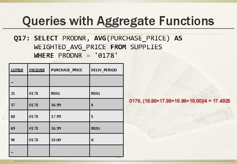 Queries with Aggregate Functions Q 17: SELECT PRODNR, AVG(PURCHASE_PRICE) AS WEIGHTED_AVG_PRICE FROM SUPPLIES WHERE