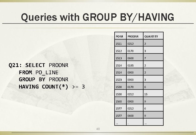 Queries with GROUP BY/HAVING Q 21: SELECT PRODNR FROM PO_LINE GROUP BY PRODNR HAVING