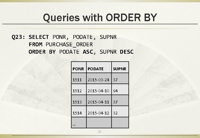 Queries with ORDER BY Q 23: SELECT PONR, PODATE, SUPNR FROM PURCHASE_ORDER BY PODATE