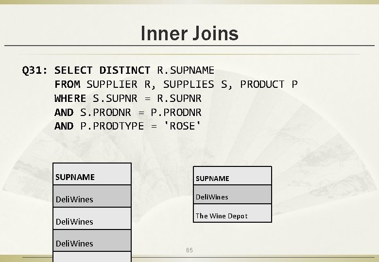 Inner Joins Q 31: SELECT DISTINCT R. SUPNAME FROM SUPPLIER R, SUPPLIES S, PRODUCT