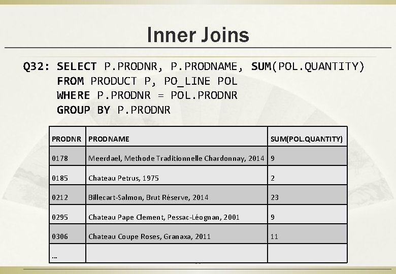 Inner Joins Q 32: SELECT P. PRODNR, P. PRODNAME, SUM(POL. QUANTITY) FROM PRODUCT P,