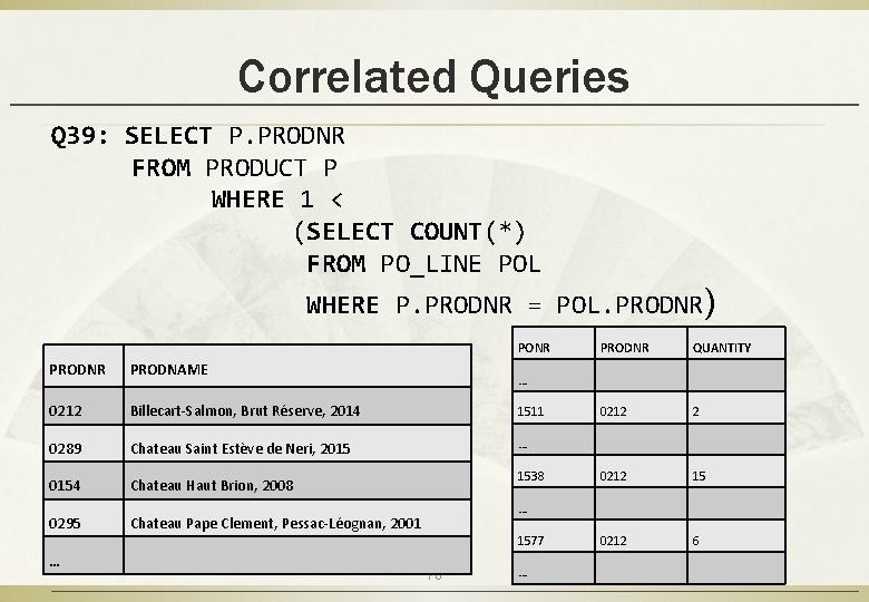 Correlated Queries Q 39: SELECT P. PRODNR FROM PRODUCT P WHERE 1 < (SELECT