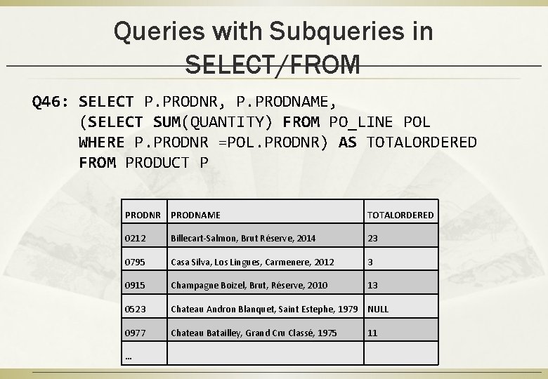 Queries with Subqueries in SELECT/FROM Q 46: SELECT P. PRODNR, P. PRODNAME, (SELECT SUM(QUANTITY)