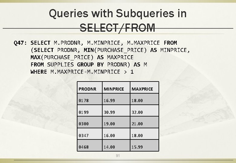 Queries with Subqueries in SELECT/FROM Q 47: SELECT M. PRODNR, M. MINPRICE, M. MAXPRICE