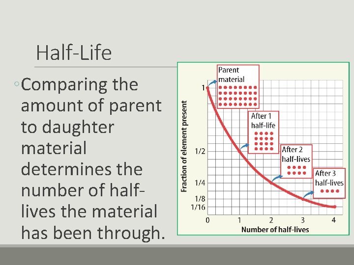 Half-Life ◦Comparing the amount of parent to daughter material determines the number of halflives