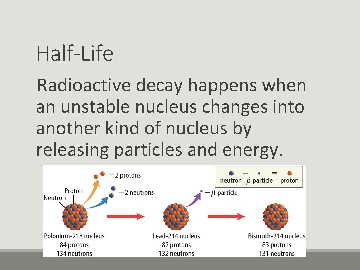 Half-Life Radioactive decay happens when an unstable nucleus changes into another kind of nucleus