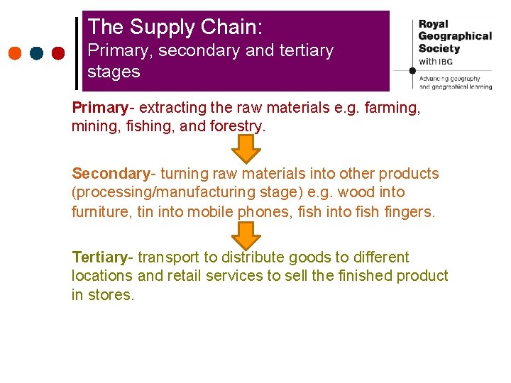 The Supply Chain: Primary, secondary and tertiary stages Primary- extracting the raw materials e.