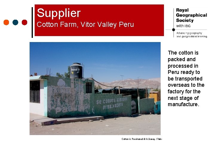 Supplier Cotton Farm, Vitor Valley Peru The cotton is packed and processed in Peru