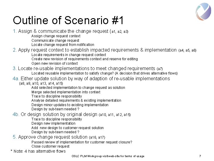 Outline of Scenario #1 1. Assign & communicate the change request (a 1, a