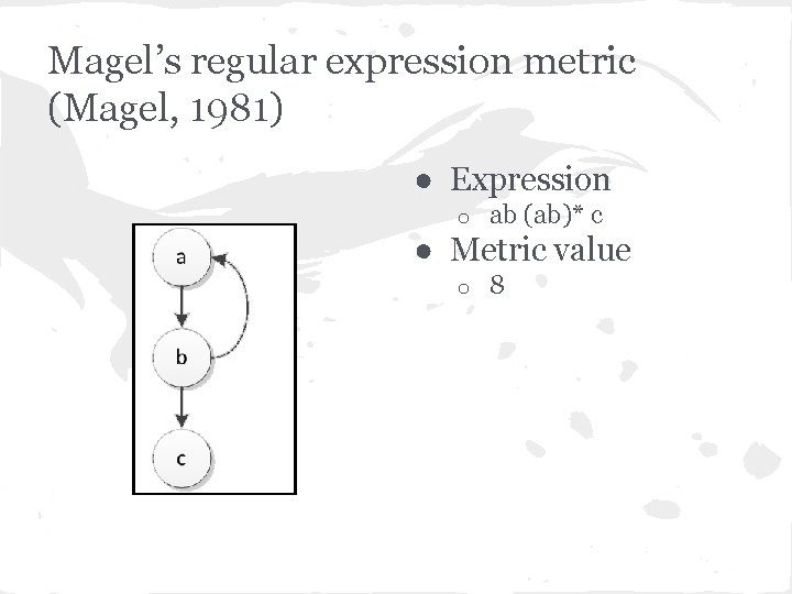 Magel’s regular expression metric (Magel, 1981) ● Expression o ab (ab)* c ● Metric