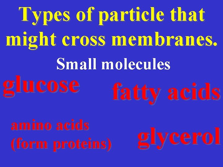 Types of particle that might cross membranes. Small molecules glucose fatty acids amino acids