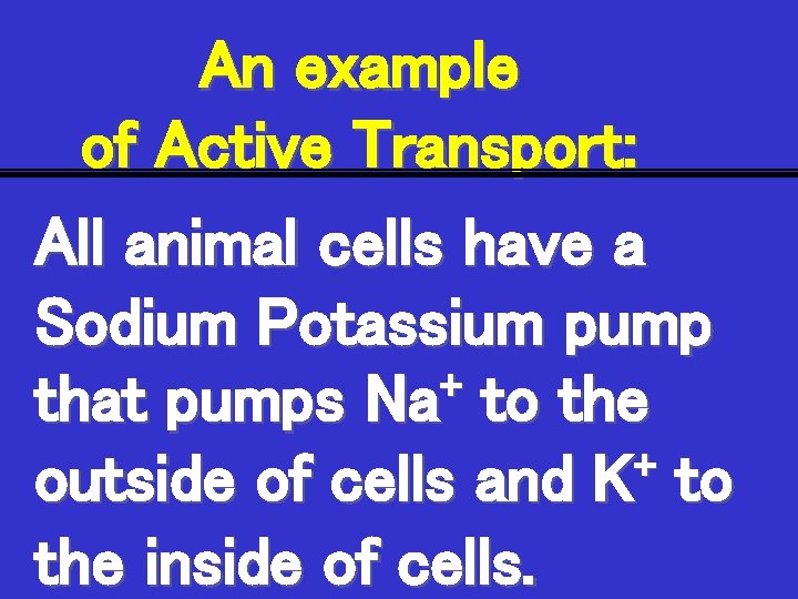 An example of Active Transport: All animal cells have a Sodium Potassium pump +