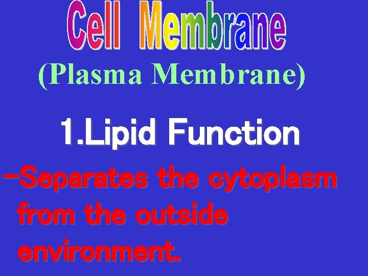 (Plasma Membrane) 1. Lipid Function -Separates the cytoplasm from the outside environment. 