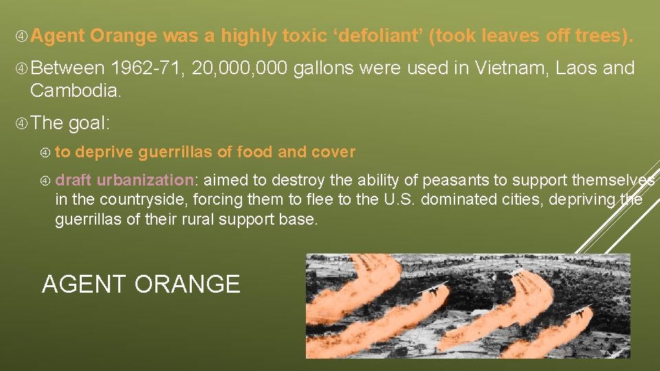  Agent Orange was a highly toxic ‘defoliant’ (took leaves off trees). Between 1962