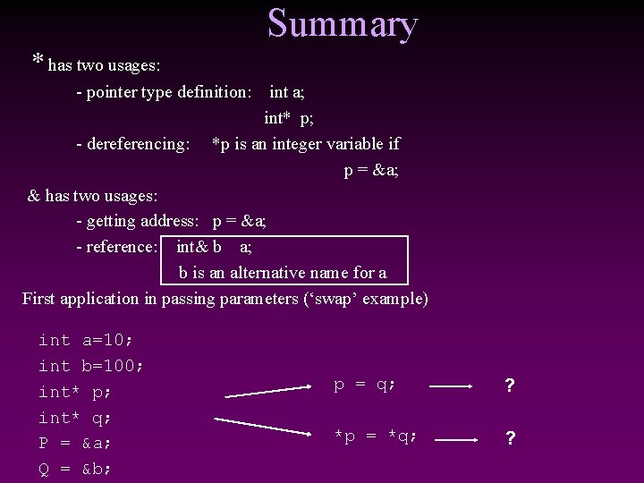Summary * has two usages: - pointer type definition: - dereferencing: int a; int*