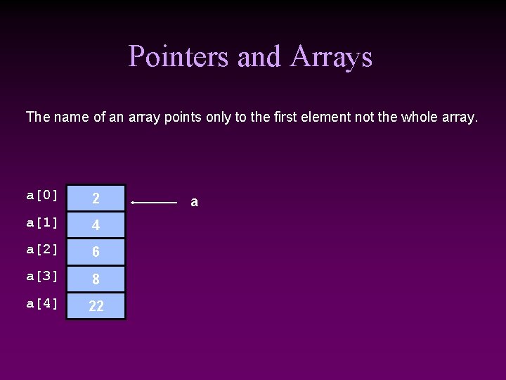 Pointers and Arrays The name of an array points only to the first element