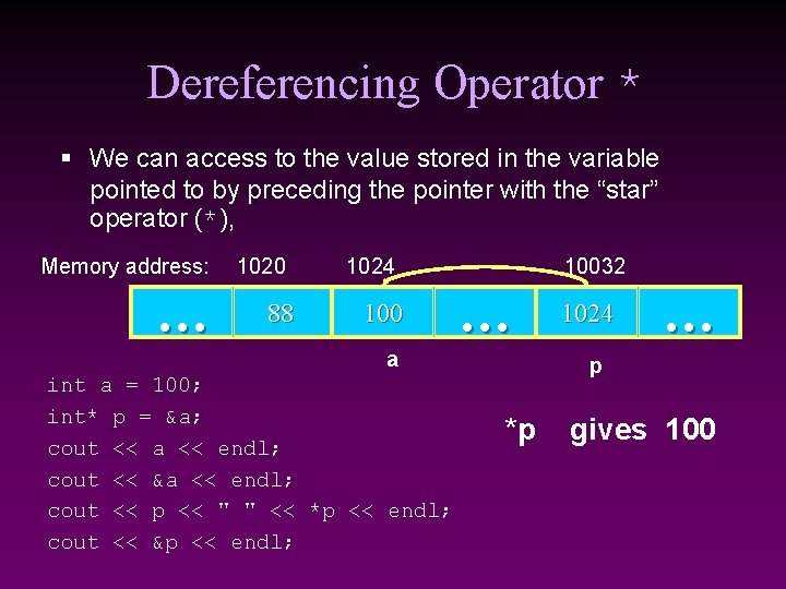 Dereferencing Operator * § We can access to the value stored in the variable