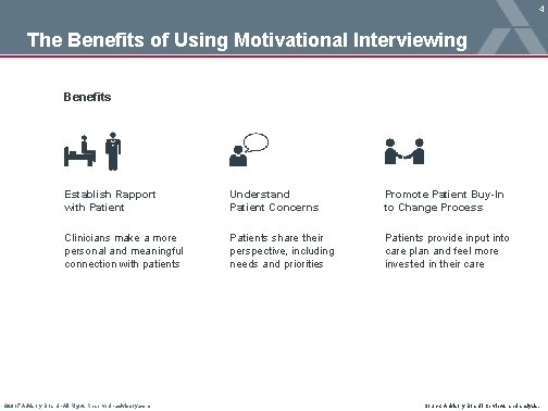4 The Benefits of Using Motivational Interviewing Benefits Establish Rapport with Patient Understand Patient