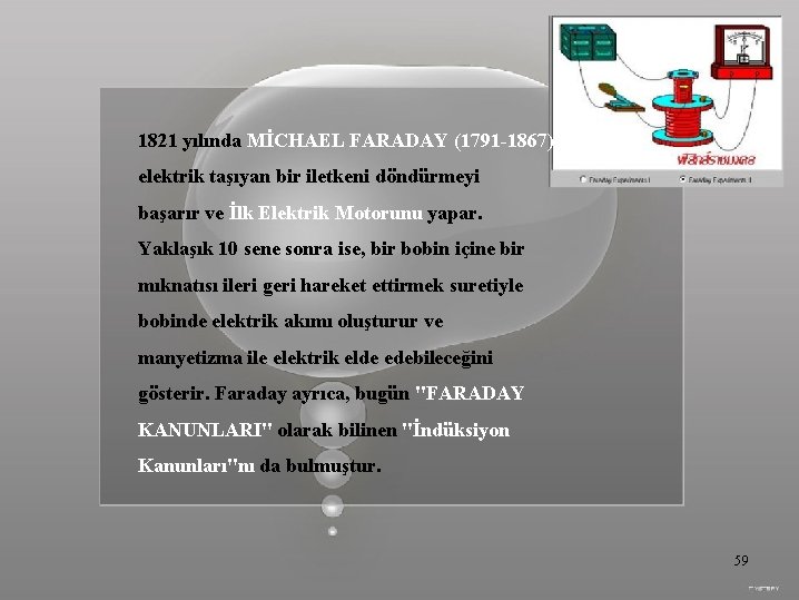 1821 yılında MİCHAEL FARADAY (1791 -1867), elektrik taşıyan bir iletkeni döndürmeyi başarır ve İlk