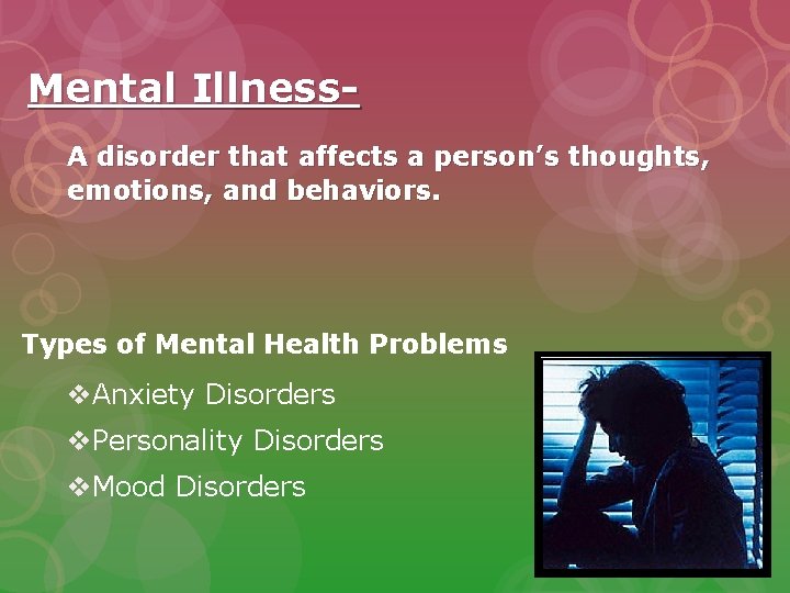 Mental Illness. A disorder that affects a person’s thoughts, emotions, and behaviors. Types of