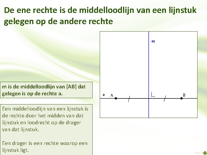 De ene rechte is de middelloodlijn van een lijnstuk gelegen op de andere rechte