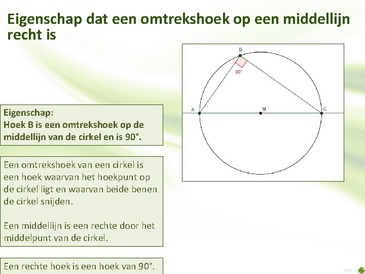 Eigenschap dat een omtrekshoek op een middellijn recht is Eigenschap: Hoek B is een