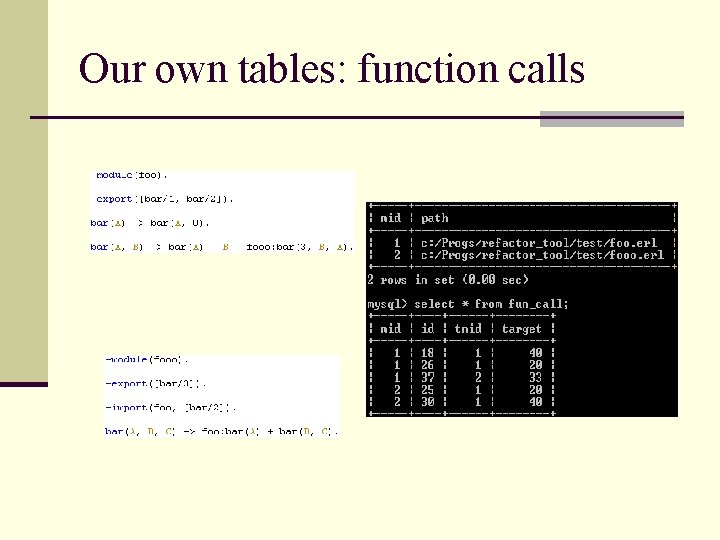 Our own tables: function calls 