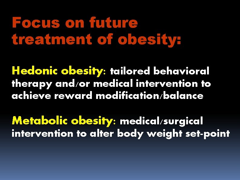 Focus on future treatment of obesity: Hedonic obesity: tailored behavioral therapy and/or medical intervention