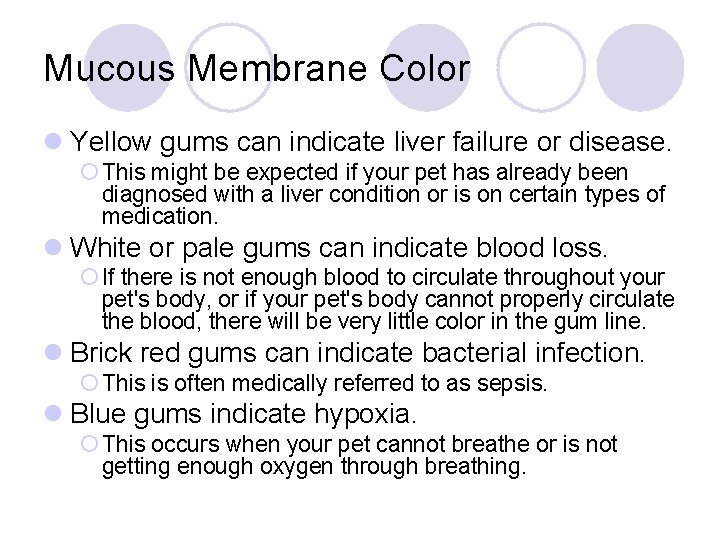 Mucous Membrane Color l Yellow gums can indicate liver failure or disease. ¡ This
