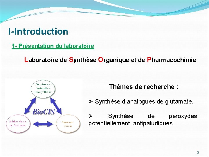 I-Introduction 1 - Présentation du laboratoire Laboratoire de Synthèse Organique et de Pharmacochimie Thèmes