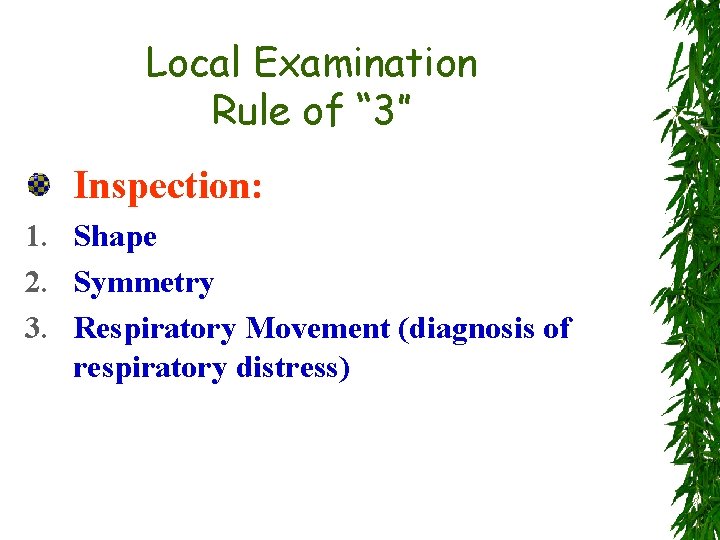 Local Examination Rule of “ 3” Inspection: 1. Shape 2. Symmetry 3. Respiratory Movement