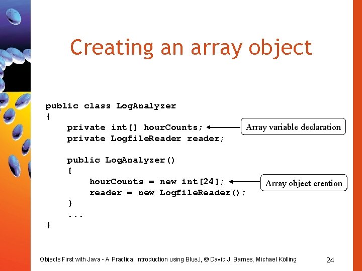 Creating an array object public class Log. Analyzer { private int[] hour. Counts; private