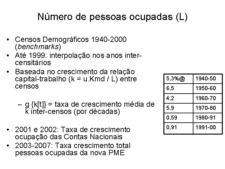 Número de pessoas ocupadas (L) • Censos Demográficos 1940 -2000 (benchmarks) • Até 1999: