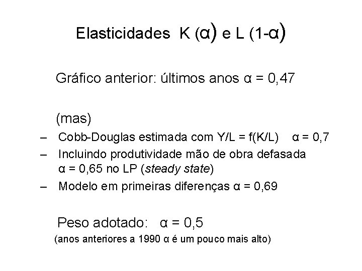 Elasticidades K (α) e L (1 -α) Gráfico anterior: últimos anos α = 0,