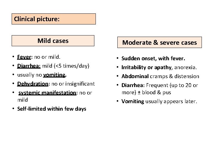 Clinical picture: Mild cases • • • Fever: no or mild. Diarrhea: mild (<5