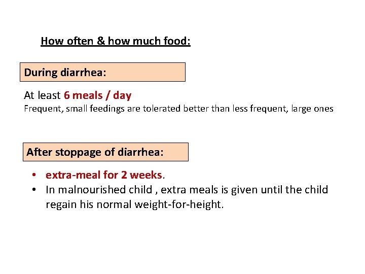 How often & how much food: During diarrhea: At least 6 meals / day