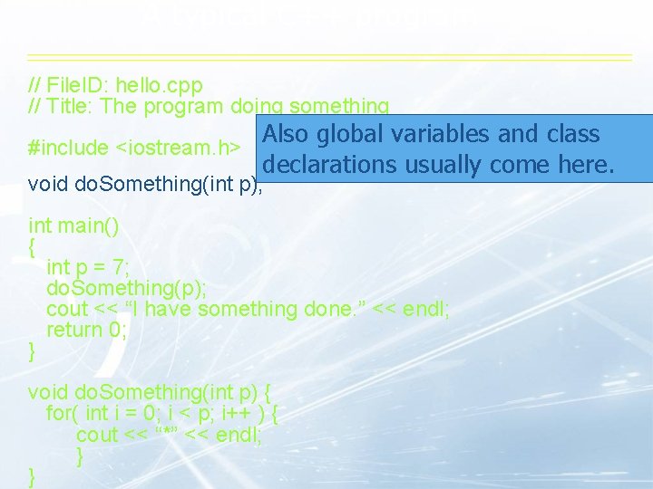 A typical C++ program // File. ID: hello. cpp // Title: The program doing A typical C++ program // File. ID: hello. cpp // Title: The program doing
