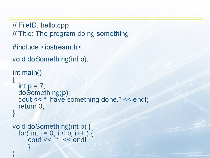 A typical C++ program // File. ID: hello. cpp // Title: The program doing A typical C++ program // File. ID: hello. cpp // Title: The program doing