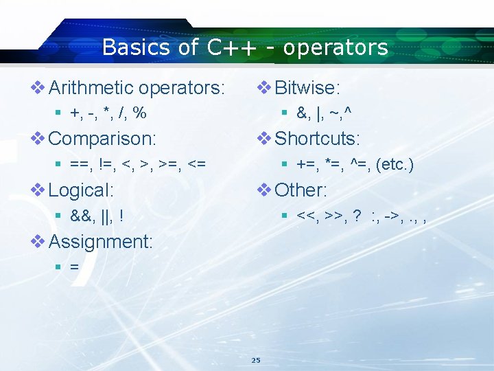Basics of C++ - operators v Arithmetic operators: v Bitwise: § +, -, *, Basics of C++ - operators v Arithmetic operators: v Bitwise: § +, -, *,