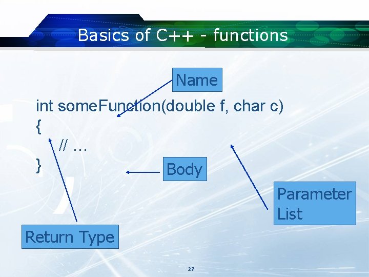 Basics of C++ - functions Name int some. Function(double f, char c) { // Basics of C++ - functions Name int some. Function(double f, char c) { //