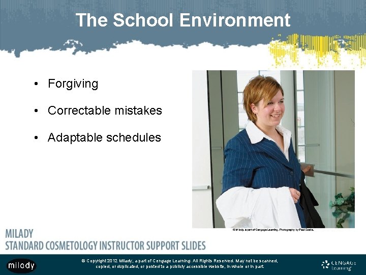 The School Environment • Forgiving • Correctable mistakes • Adaptable schedules © Copyright 2012