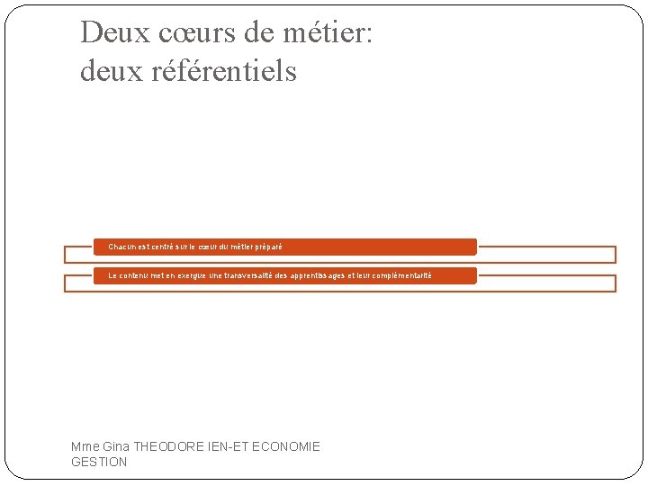 Deux cœurs de métier: deux référentiels Chacun est centré sur le cœur du métier