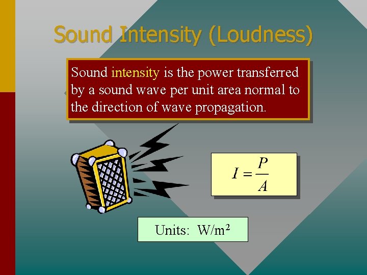 Sound Intensity (Loudness) Sound intensity is the power transferred by a sound wave per