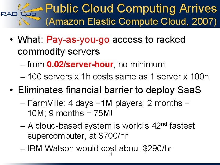 Public Cloud Computing Arrives (Amazon Elastic Compute Cloud, 2007) • What: Pay-as-you-go access to