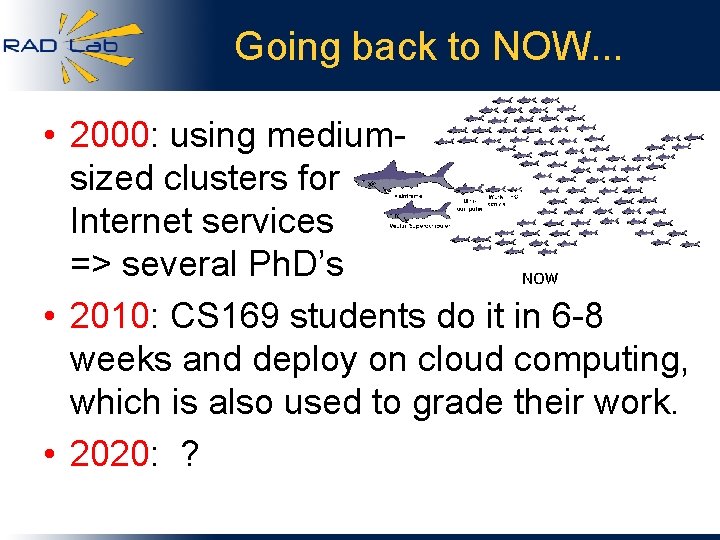 Going back to NOW. . . • 2000: using mediumsized clusters for Internet services
