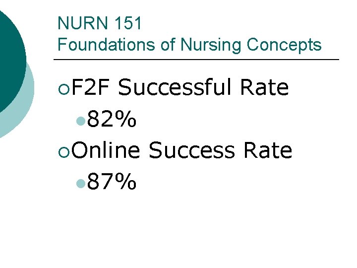 NURN 151 Foundations of Nursing Concepts ¡F 2 F Successful Rate l 82% ¡Online